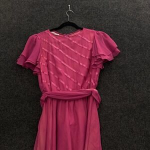 Vintage Destinations Pink Chiffon Flutter Sleeve Dress 70s 80s Magenta Small